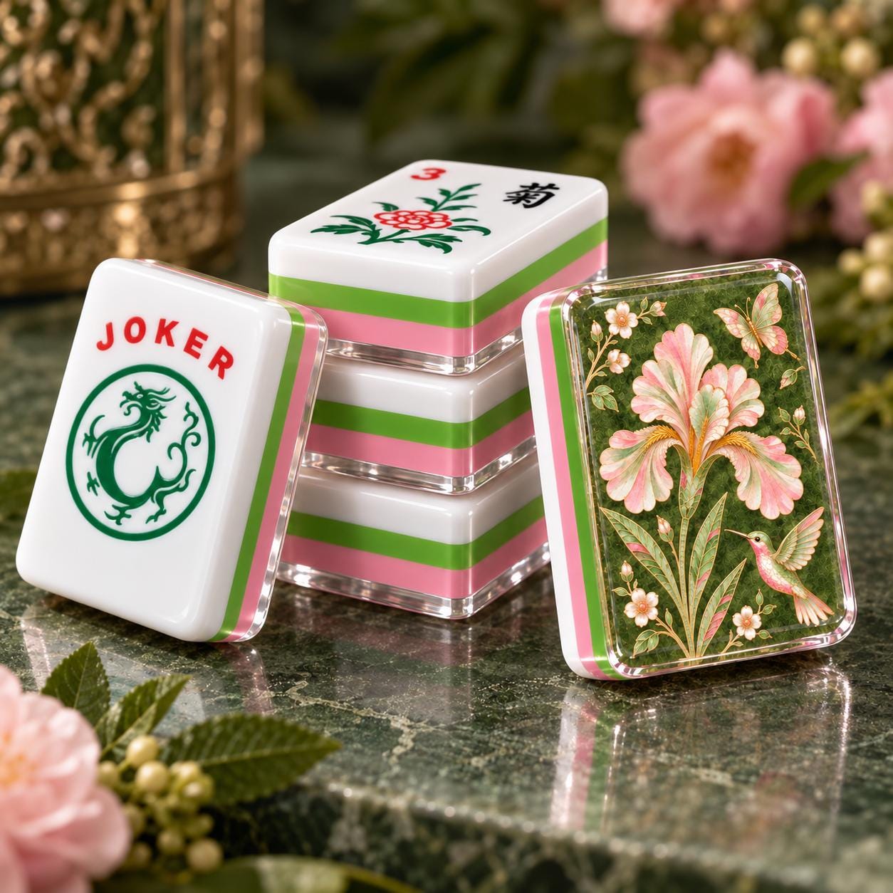 Green Floral Mahjong Tiles, Pink Green Iris Hummingbird Mahjong Set, 4-Layer Acrylic Mahjong Tiles, Mahjong Gift for Her