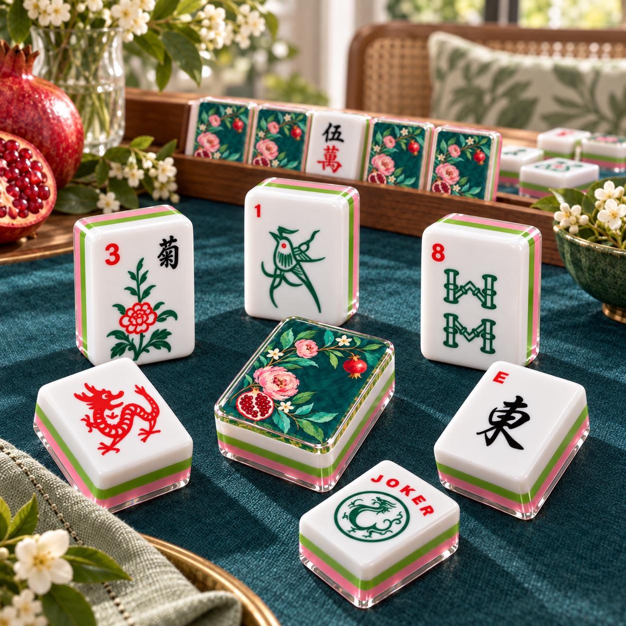 Pomegranate Floral 4-Layer Mahjong Tiles, Fall Botanical American Mahjong Set, Pink Green Acrylic Mahjong Tiles, Mahjong