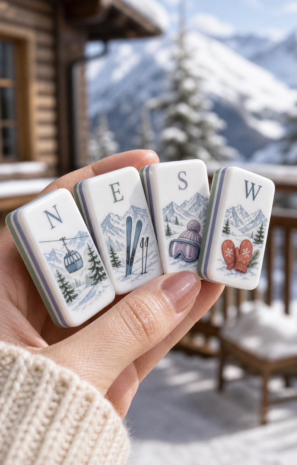 Winter Wonderland Mahjong Set, Custom Ski Resort Tiles with Snowflakes, Skiers, Gift For Mahjong Enthusiasts, Housewarmi