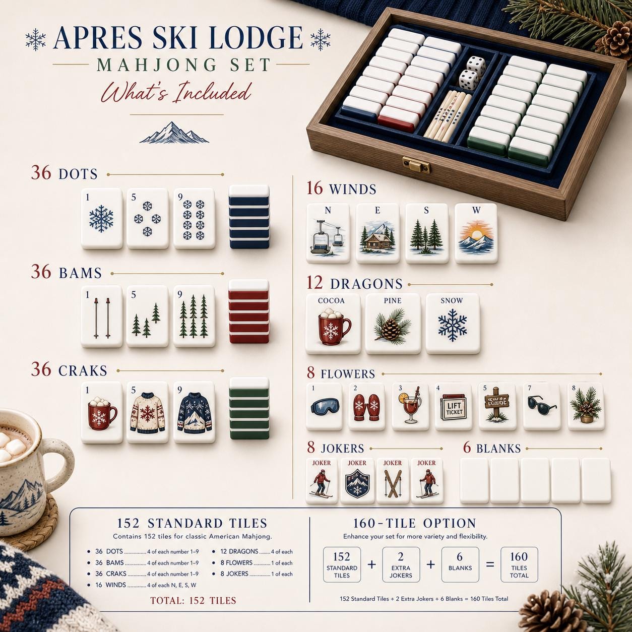 Winter Ski Resort American Mahjong Set, Cozy Alpine Themed Tiles, Mountain Cabin & Pine Trees, Holiday Gathering, Family