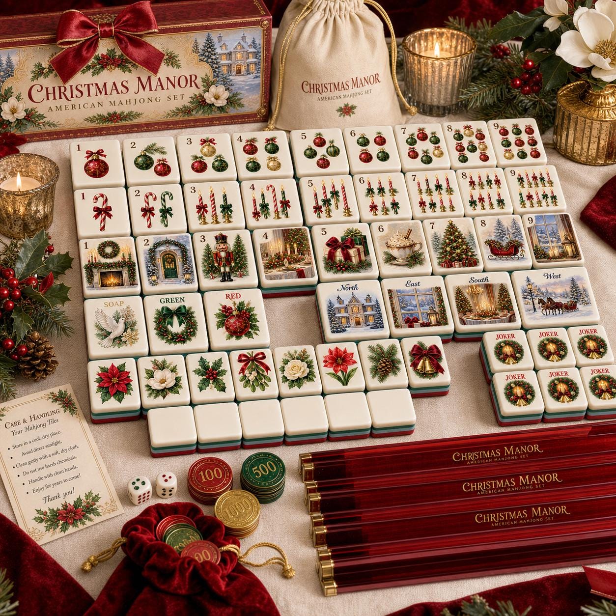 Christmas Holiday American Mahjong Tiles Set,Red Back Travel Mahjong, Holiday Poinsettia Wreath Dove Design,Festive Game