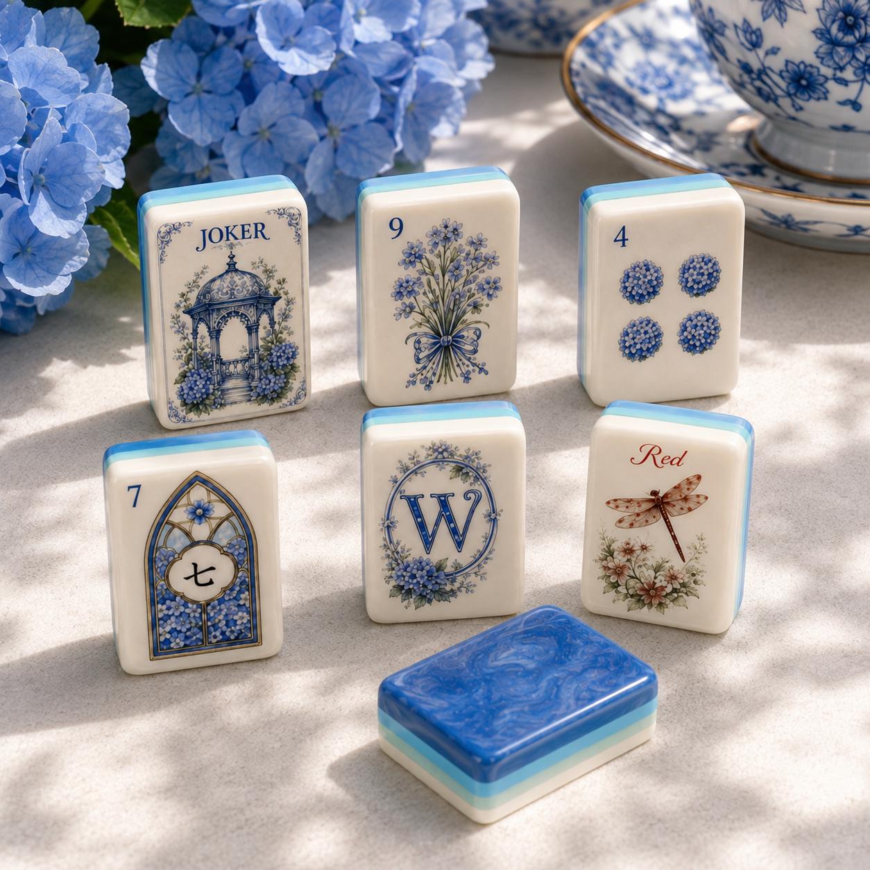 Hydrangea Acrylic American Mahjong Set, 160 Tile Blue & White Floral Mahjong Tiles,Porcelain Inspired Butterfly Design,U