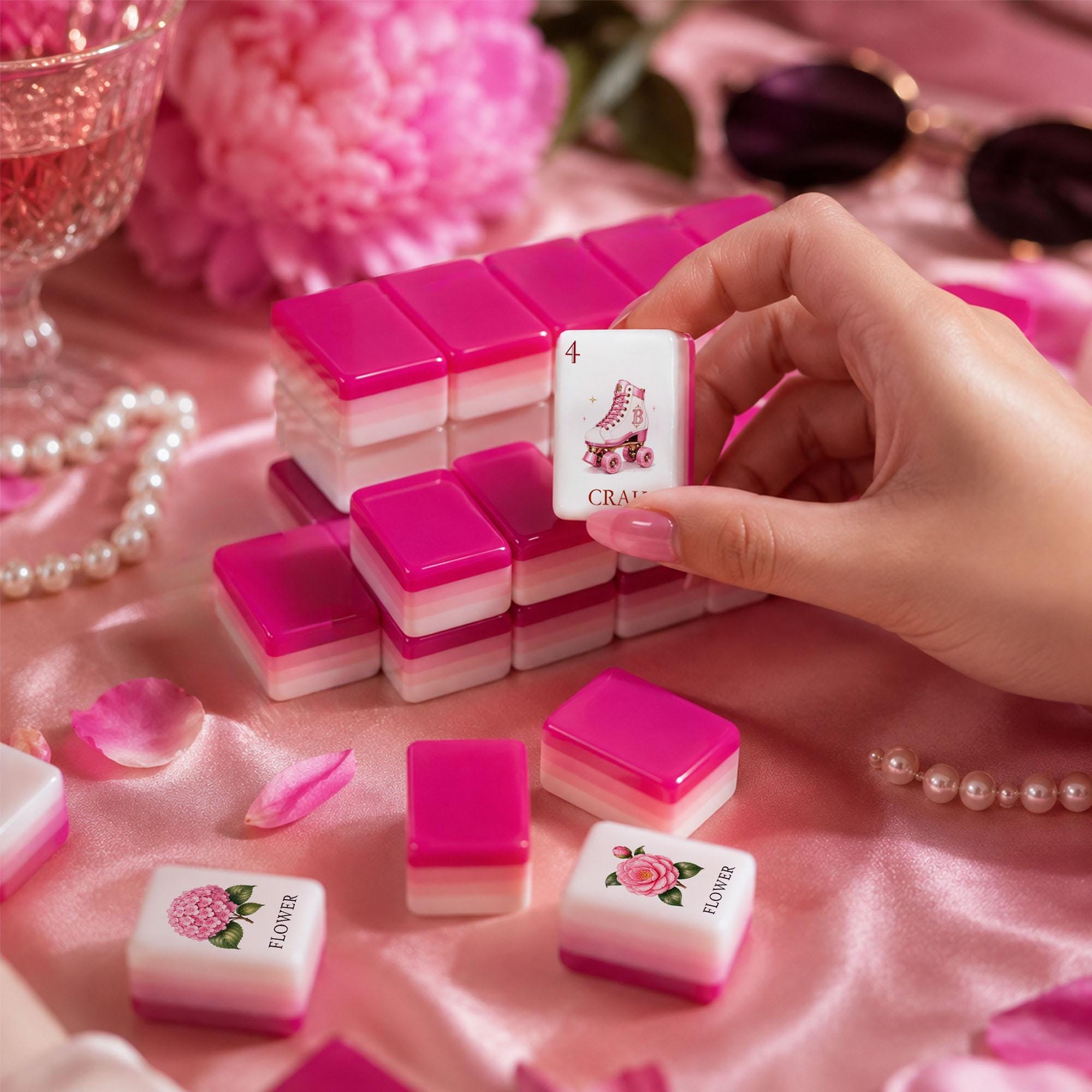 Pink Mahjong Set, American Mahjong Tiles, Luxury Acrylic Mahjong Game, Pink Glam Feminine Gift for Women, Girls Night Gi