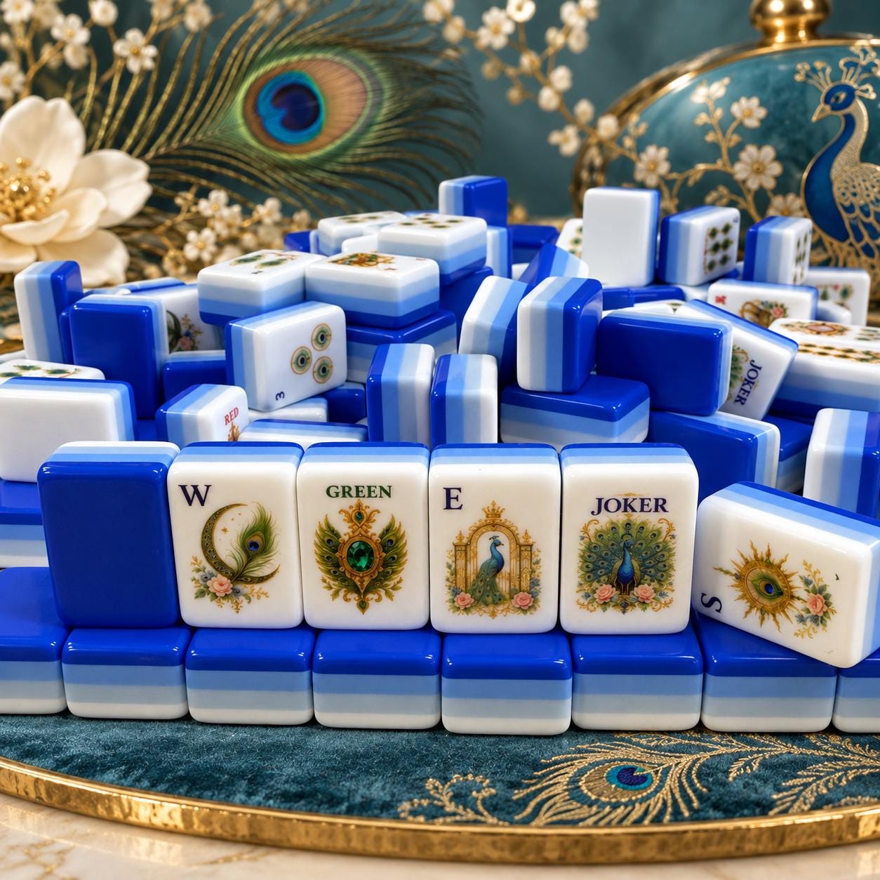 Peacock American Mahjong Set, Blue Gold Tiles, Luxury Mahjong Gift for Women, Custom Bulk Mahjong, Mahjong Club Gift - 7