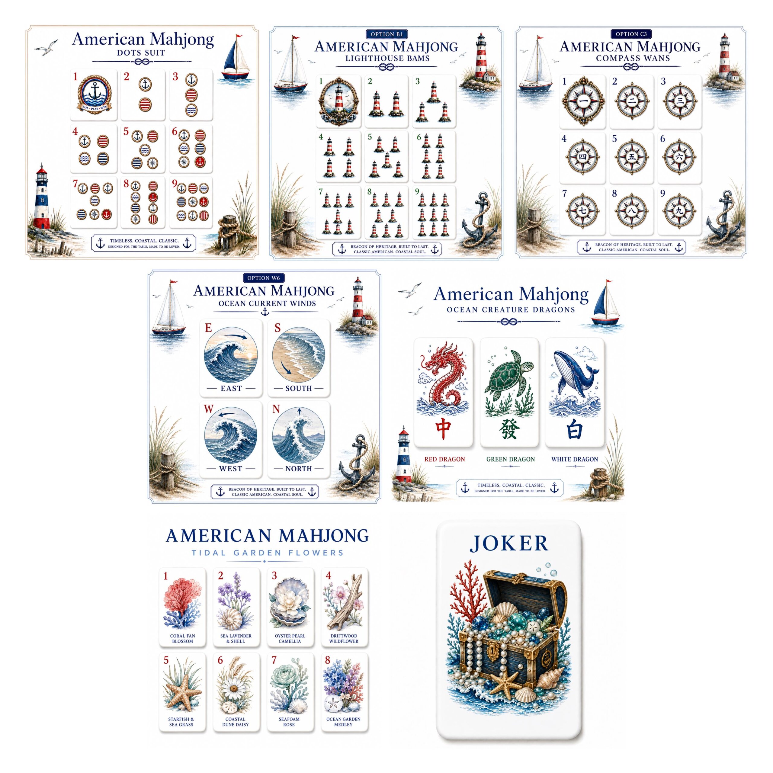 Luxury Coastal American Mahjong Set 160 Tiles, Nautical Acrylic UV Printed Mahjong Game, Beach House Gift with Jokers, B