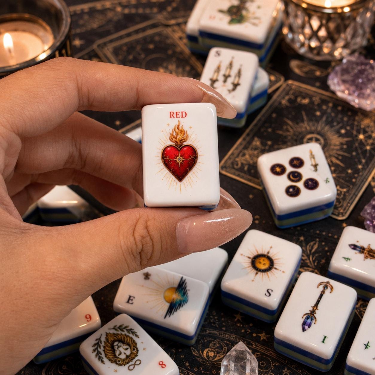 Mystic Celestial American Mahjong Set, Moon Crystal Astrology Mahjong Tiles, Fantasy Tarot Inspired Acrylic Game Set, Un