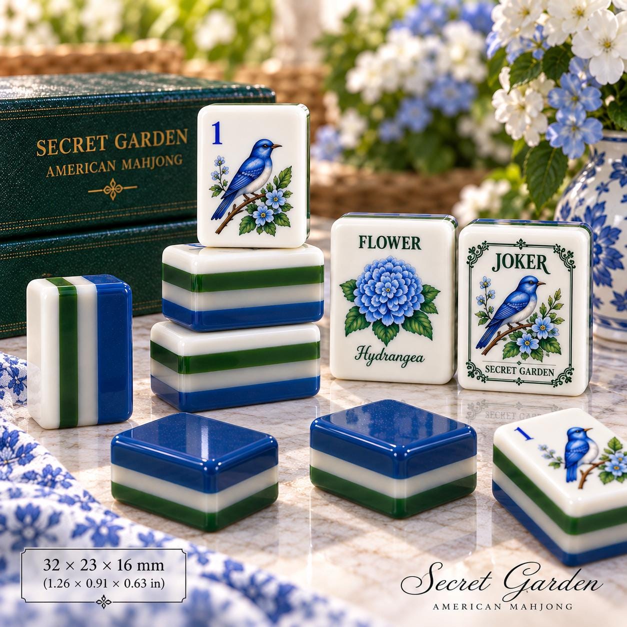 American Mahjong Set, Secret Garden Mahjong, Blue White Chinoiserie Tiles, 160 Acrylic Tiles, Custom Bulk Mahjong Gift -