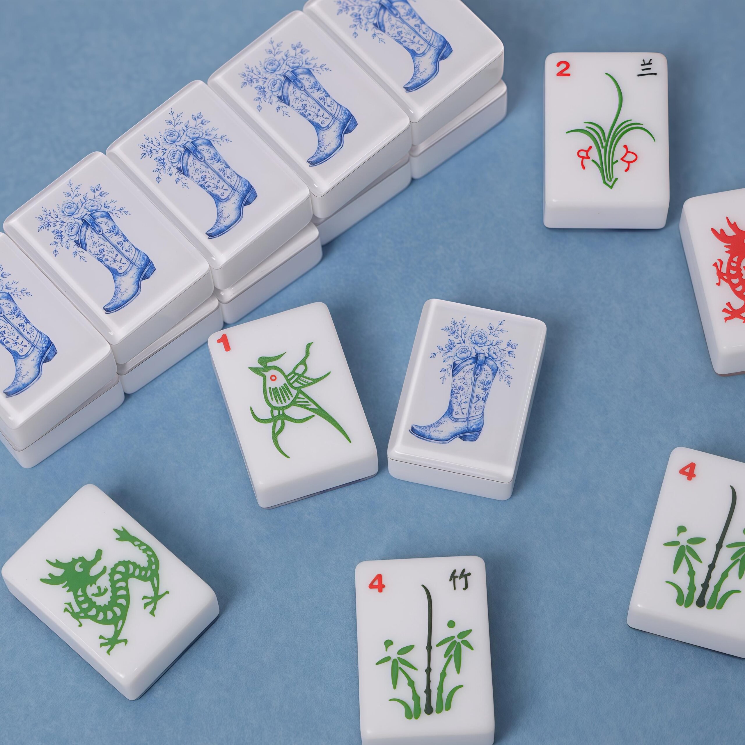 Blue Porcelain American Mahjong Set, Cowboy Boot Floral Tiles, Western 160 Tile Game Gift for Mahjong Players - 8
