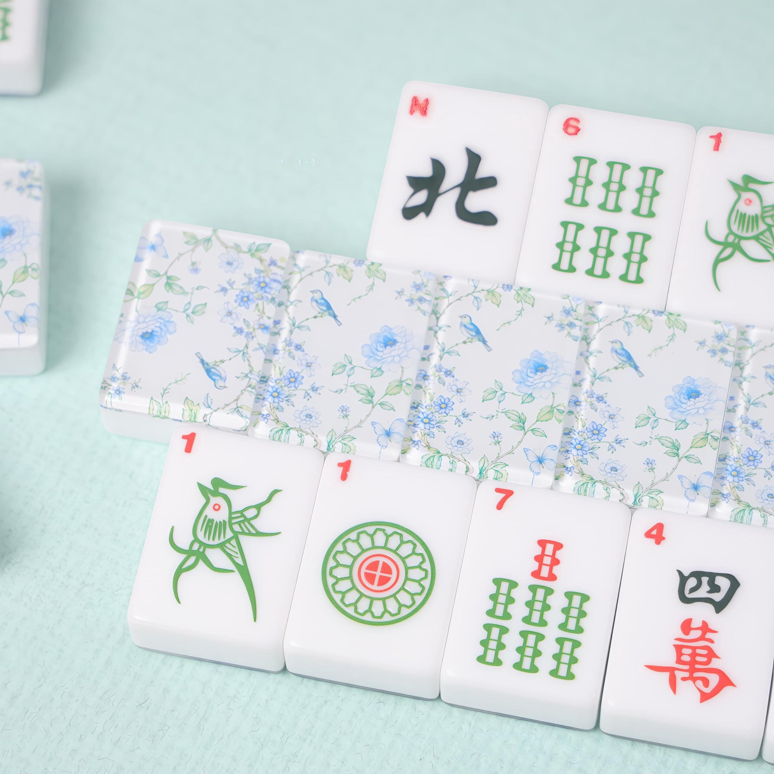 Blue Floral American Mahjong Set, Glossy Acrylic Tiles, Botanical Bird 160 Tile Game, Gift for Mahjong Lovers and Collec