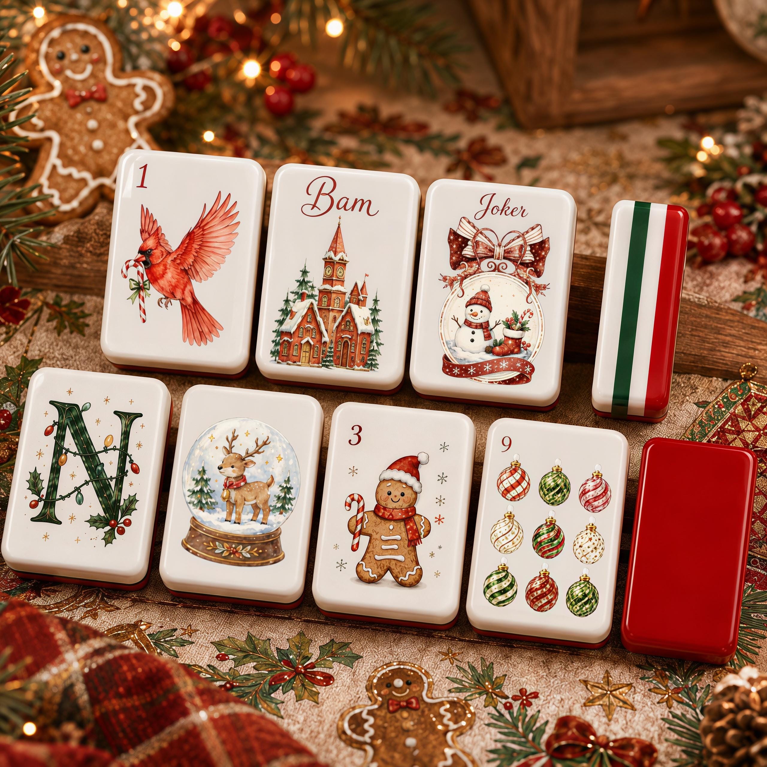 Christmas American Mahjong Set, Holiday Acrylic 160 Tile Set, Red Green Winter Mahjong Tiles, Festive Gift for Mahjong L