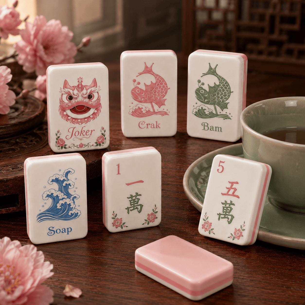 Lion Dance Mahjong Set, Pink Chinese Inspired American Mahjong Tiles, Floral Asian Style Acrylic Game Set, Unique Gift -