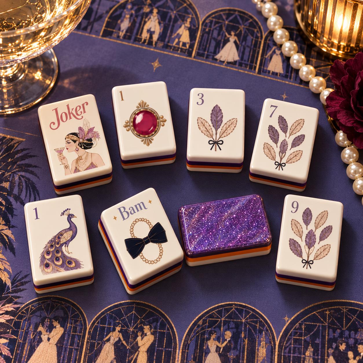 Cocktail Mahjong Set American Mahjong Tiles, Purple Luxury Design with Vintage Evening Party Style, Elegant Classic Game