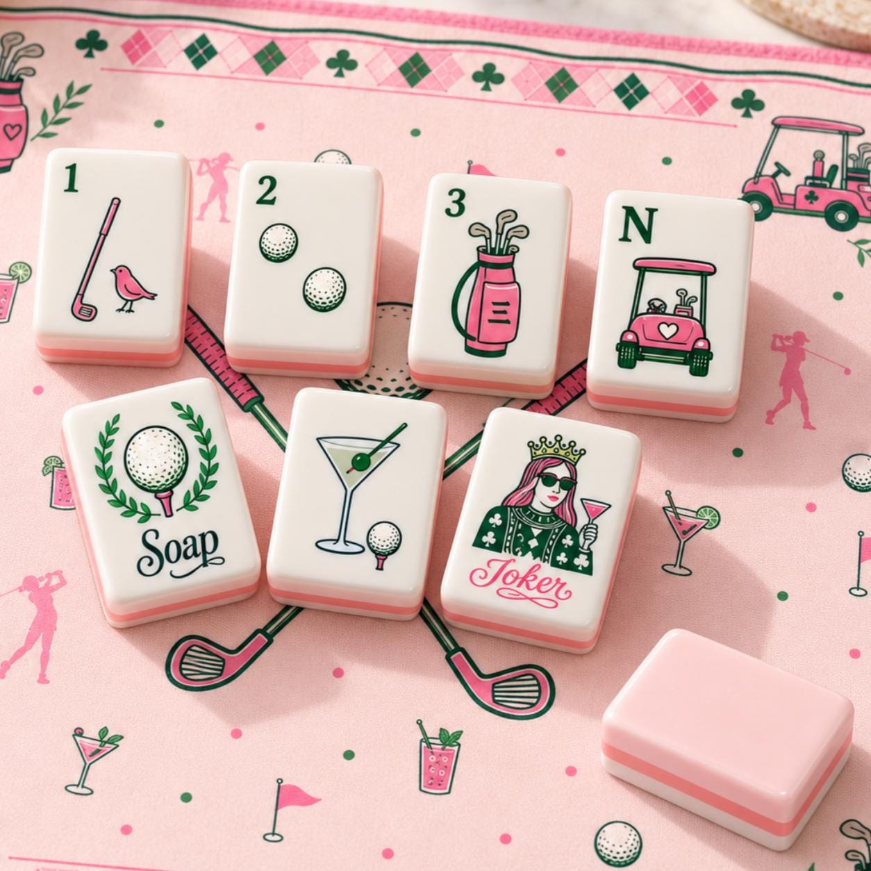 Pink Golf Mahjong Set, Luxury Country Club American Mahjong Tiles, Feminine Golf Theme Game Set with Preppy Sports Inspi
