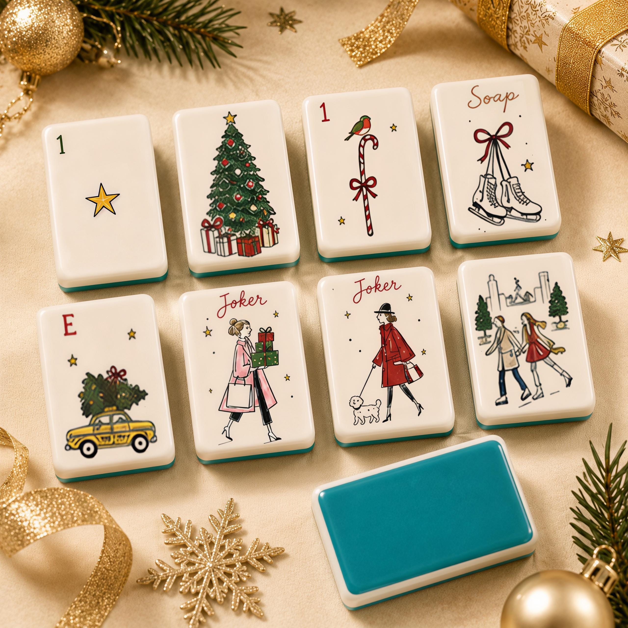 Christmas American Mahjong Set, Vintage Holiday Acrylic 160 Tile Set, European Winter Illustration Mahjong Gift for Play