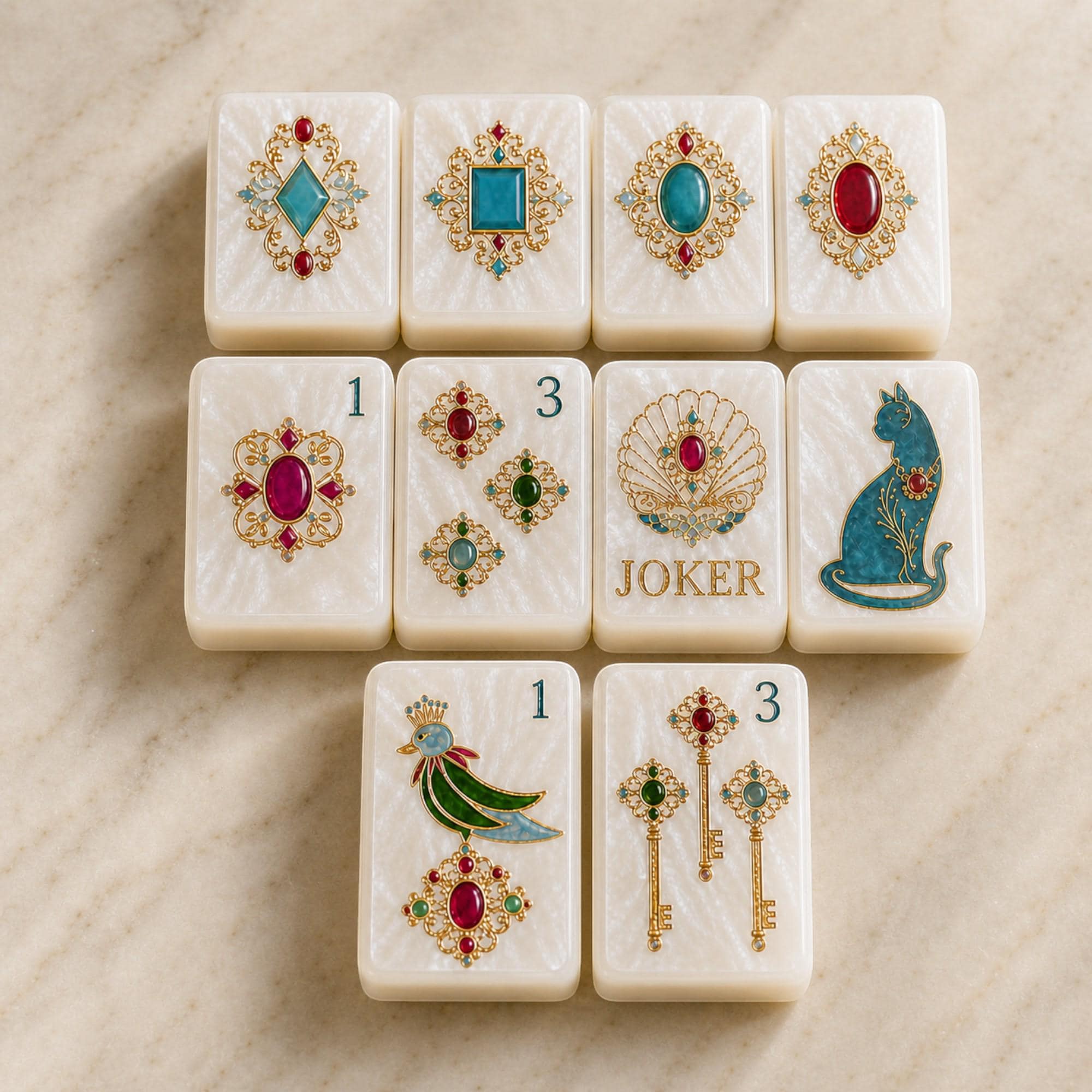 American Mahjong Set, 160 Pearlescent White Acrylic Tiles, Gold Filigree and Jewel-Inspired Designs - 8