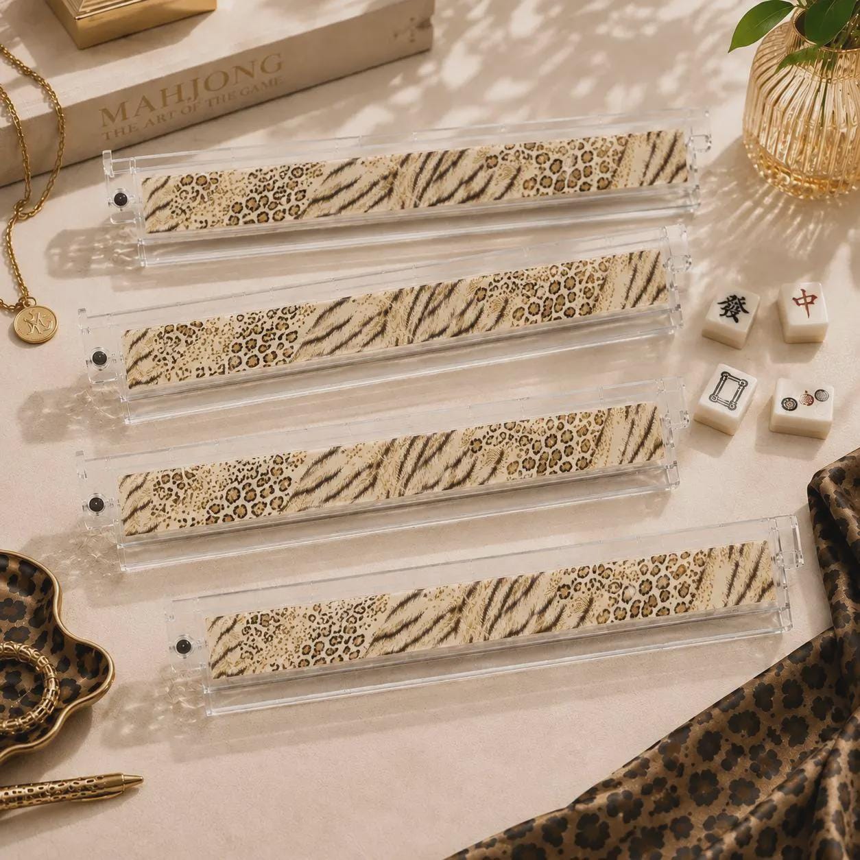 Safari Chic Mahjong Tiles |1.4"x1.0"x0.6" American Mahjong Acrylic Tiles with Leopard & Zebra Animal Print | Luxe Mahjon