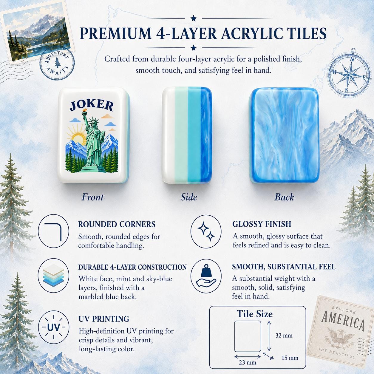 American Mahjong Set, National Parks Theme, 4-Layer Acrylic Mahjong Tiles, USA Inspired Mahjong Game - 8
