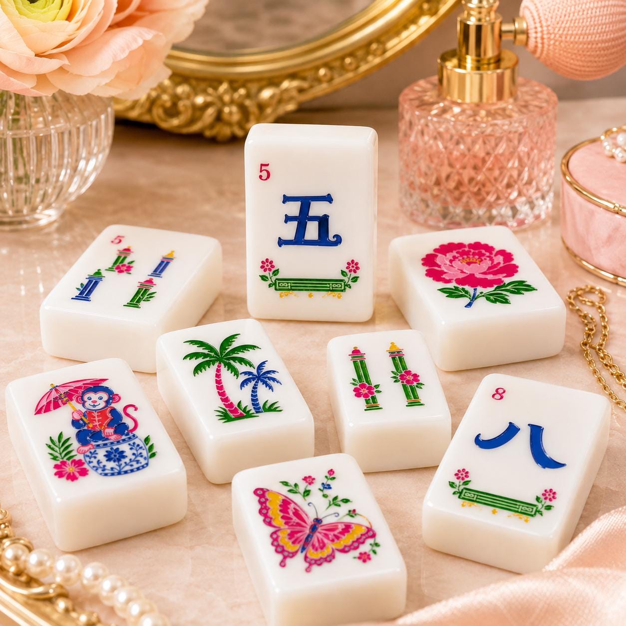 Floral Humming Bird Mahjong Tiles, Blue Marble American Mahjong Set, Pink Parasol Floral Acrylic Tiles, Grandmillennial