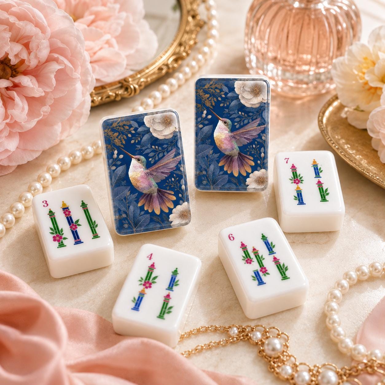 Humming Bird Mahjong Tiles, Blue Marble American Mahjong Set, Pink Parasol Floral Acrylic Tiles, Grandmillennial Mahjong