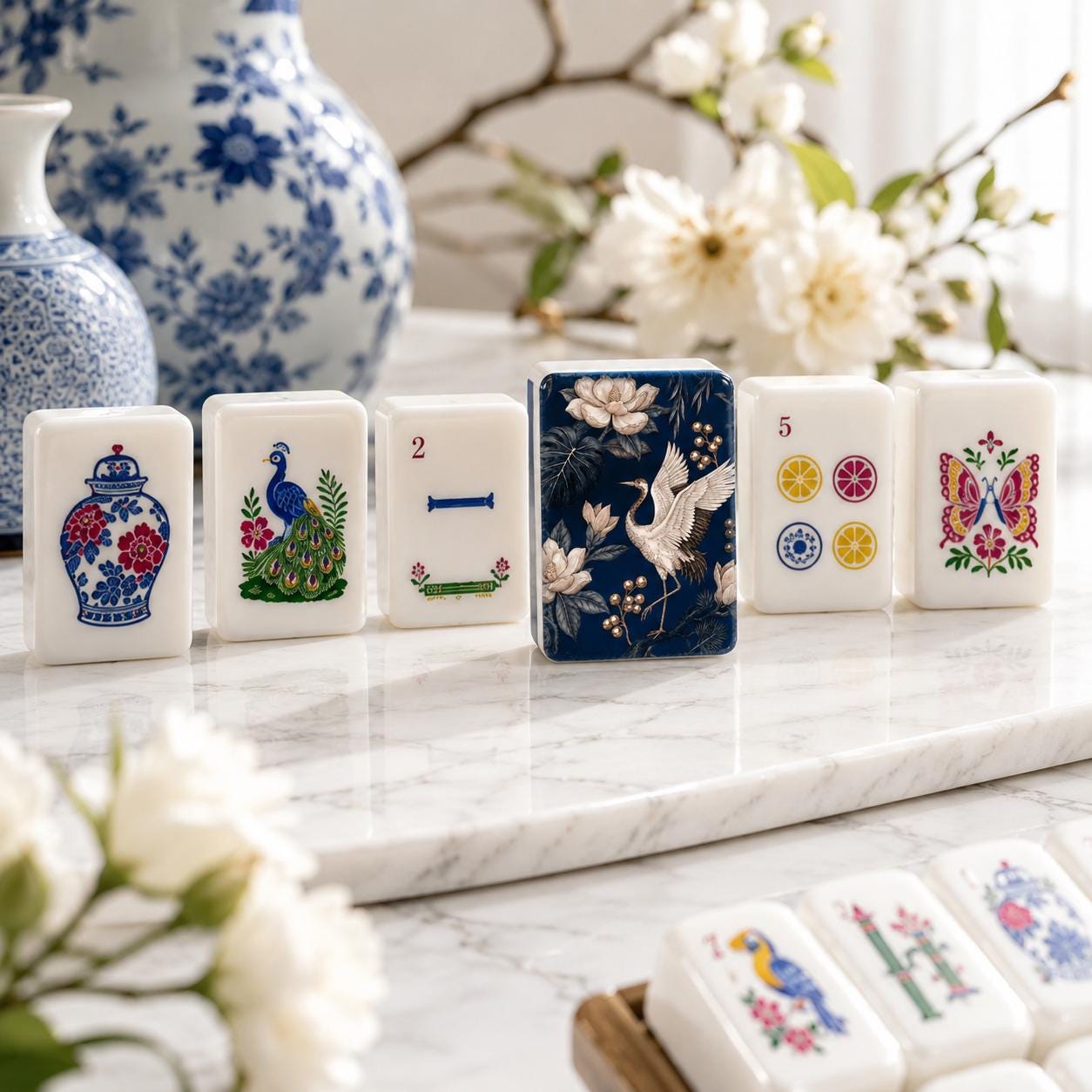 Navy Chinoiserie Crane Mahjong Tiles Set, Luxury Acrylic Mahjong Tiles, Elegant American Mahjong Set, Oriental Floral Ma