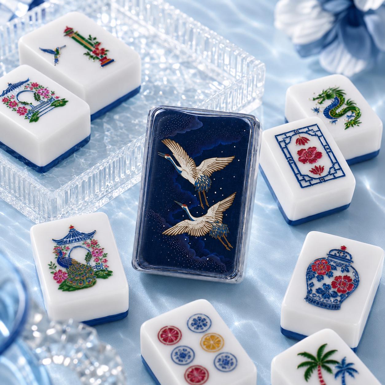 Blue White Chinoiserie Mahjong Tiles Set, Luxury Acrylic Mahjong Tiles, Peacock Floral American Mahjong Set, Elegant Ori