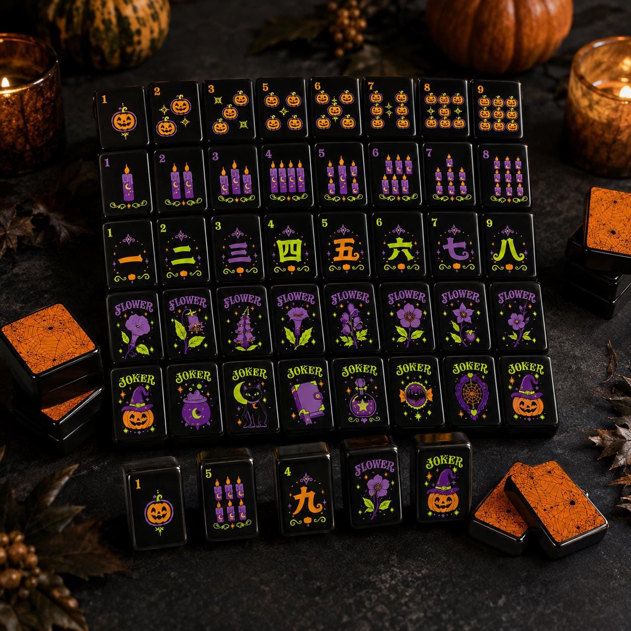 Halloween Mahjong Tiles Set, Spooky Acrylic Mahjong Tiles, Black Halloween American Mahjong Set, Witchy Pumpkin Mahjong