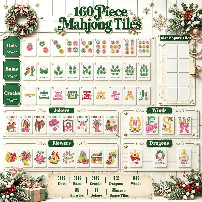 Christmas Western Mahjong Tiles | 1.4"x1.0"xx06" 4-Layered Acrylic American Mahjong Tiles | Holiday Horse & Cactus Desig
