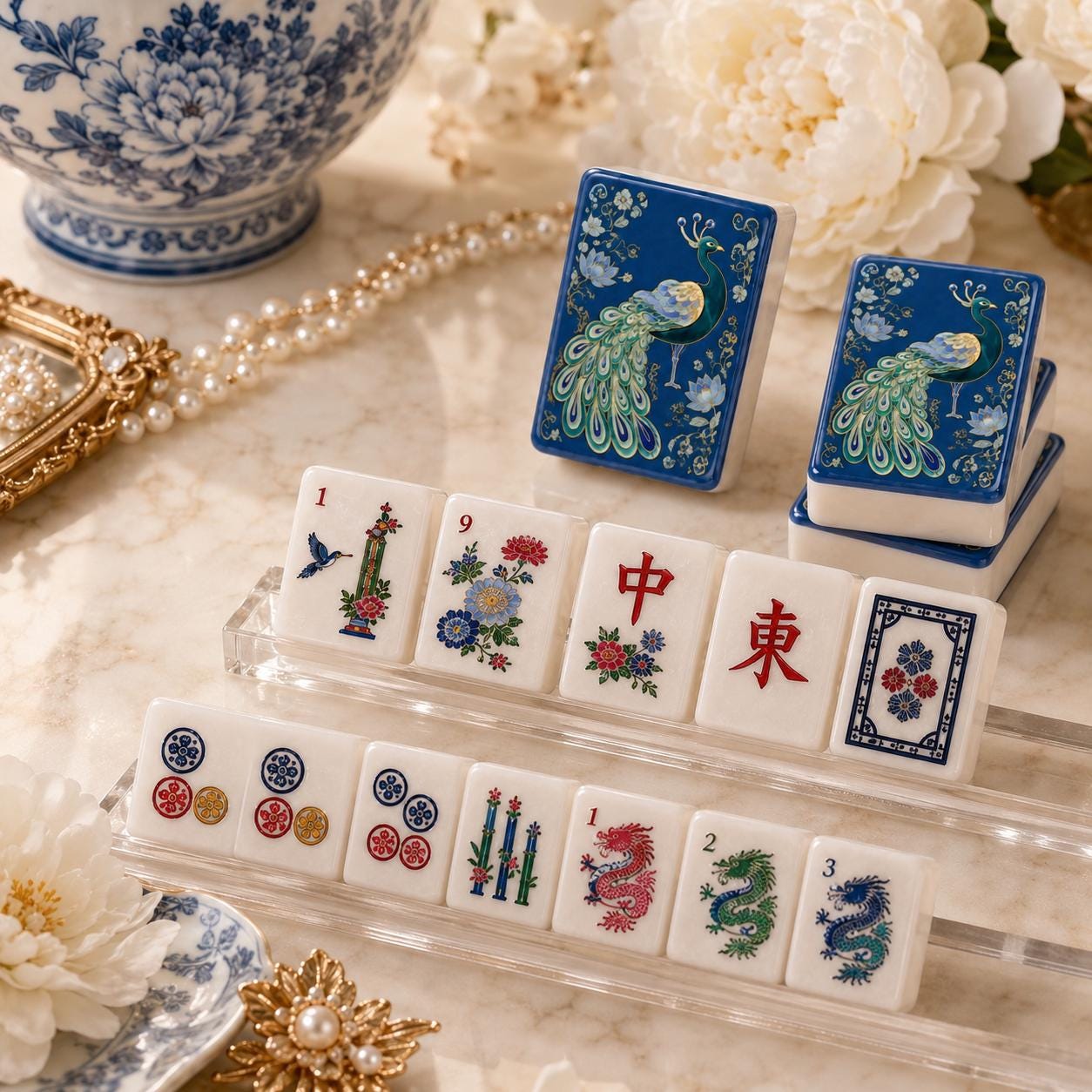 Peacock Mahjong Tiles Set, Blue Chinoiserie Game Set, 1.4"x1.0"x0.6" 160pc Acrylic American Mah Jongg Tiles, Elegant Gif