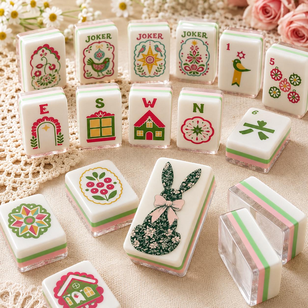 Floral Bunny Mahjong Tiles, Pink Green Rabbit Mahjong Set, Coquette Spring Mahjong Tiles, Cottagecore Mahjong Gift for H