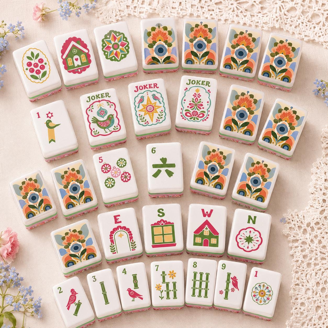 Retro Floral Mahjong Tiles, Mid Century Flower Mahjong Set, Pink Green Acrylic Game Tiles, Colorful Vintage Mahjong Love