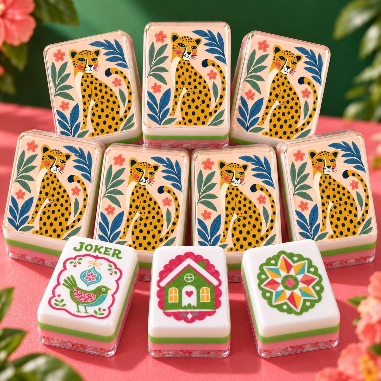 Leopard Mahjong Tiles Set, 4 Layer Acrylic Mahjong Tiles, Colorful Folk Art Jungle Mahjong Set, Pink Green Mahjong Tiles