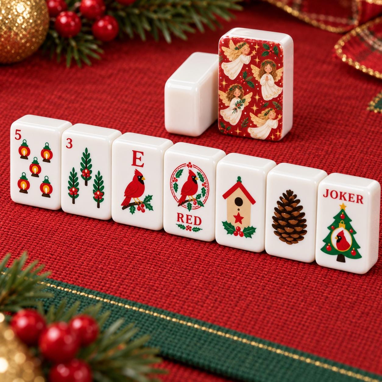 Christmas Angel Mahjong Tiles, 1.4" Cardinal Joker Mahjong Set, Red Holiday Mah Jongg Tiles, Vintage Christmas Mahjong G