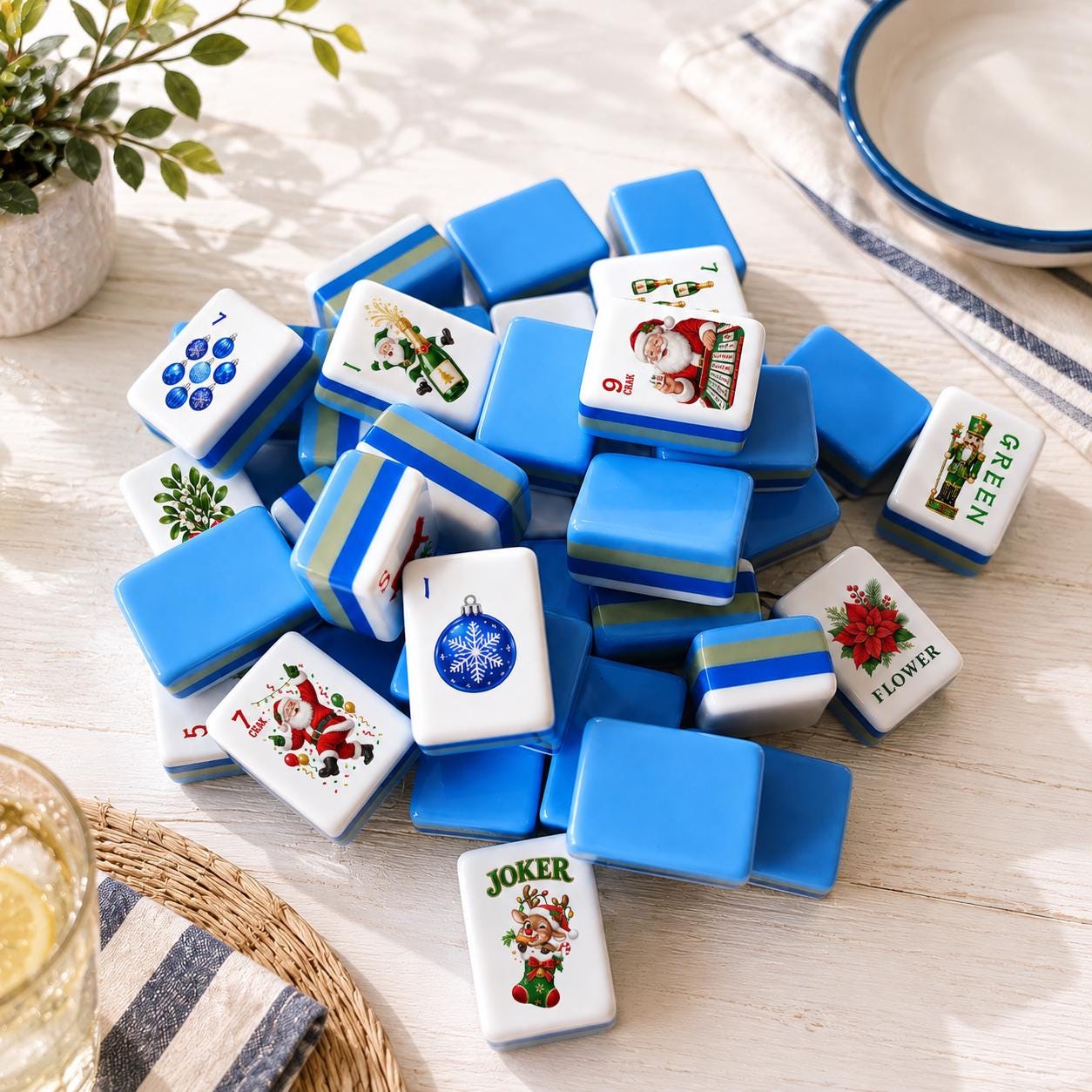 Santa Mahjong Party Set, Christmas Mah Jongg Tiles, 160-Piece American Mahjong Set, Holiday Game Night Gift for Women &