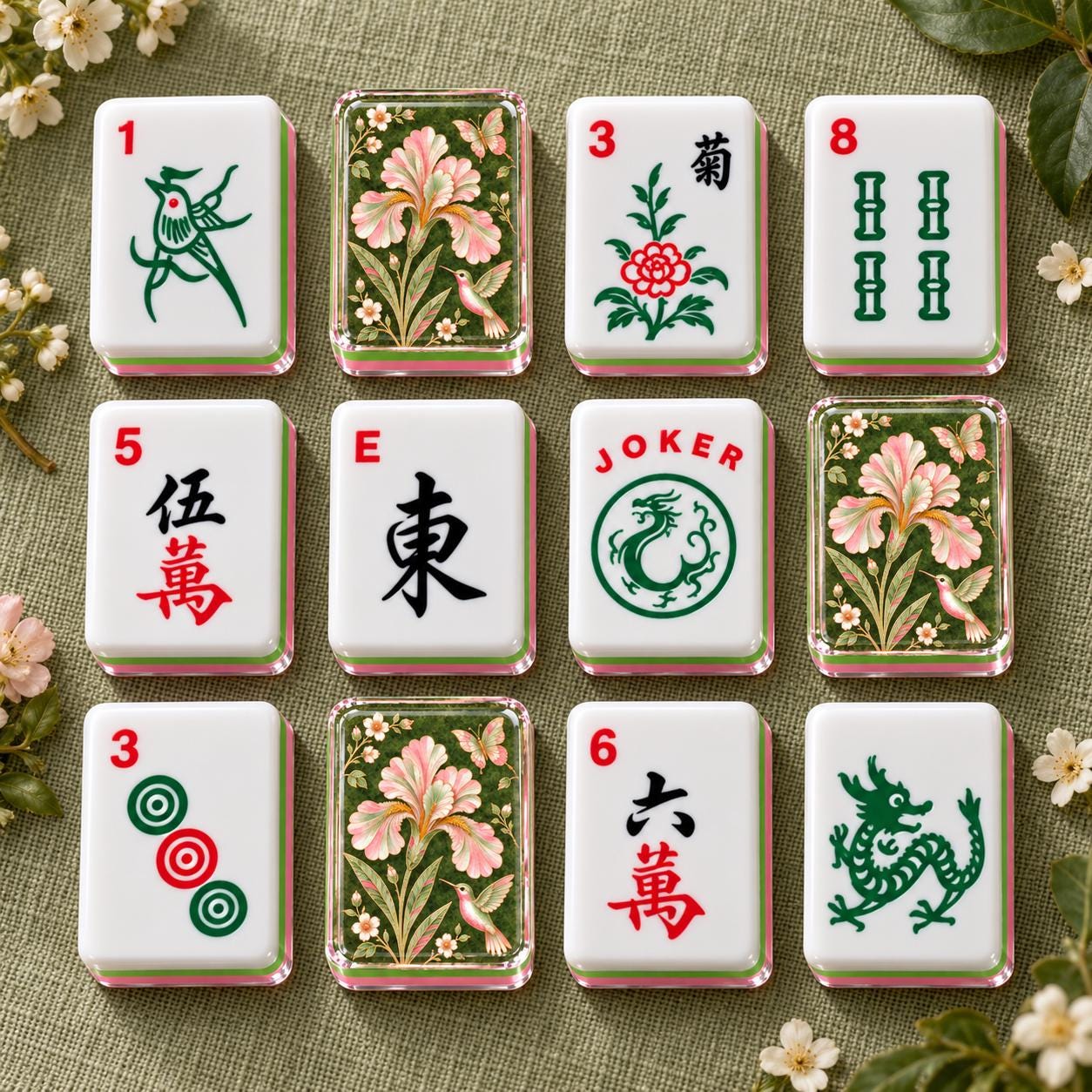 Green Floral Mahjong Tiles, Pink Green Iris Hummingbird Mahjong Set, 4-Layer Acrylic Mahjong Tiles, Mahjong Gift for Her