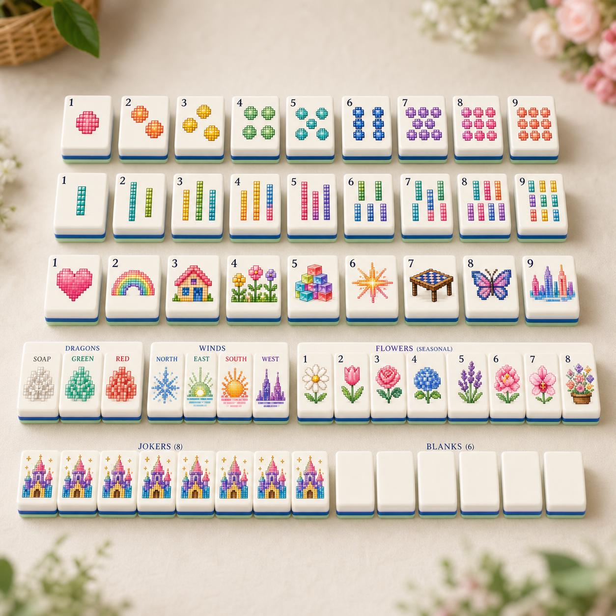 Pixel Art American Mahjong Tiles Set,Mint Green Back,Gradient Pixel Design,Cross-Stitch Style Game Tile,Retro Gaming Gif