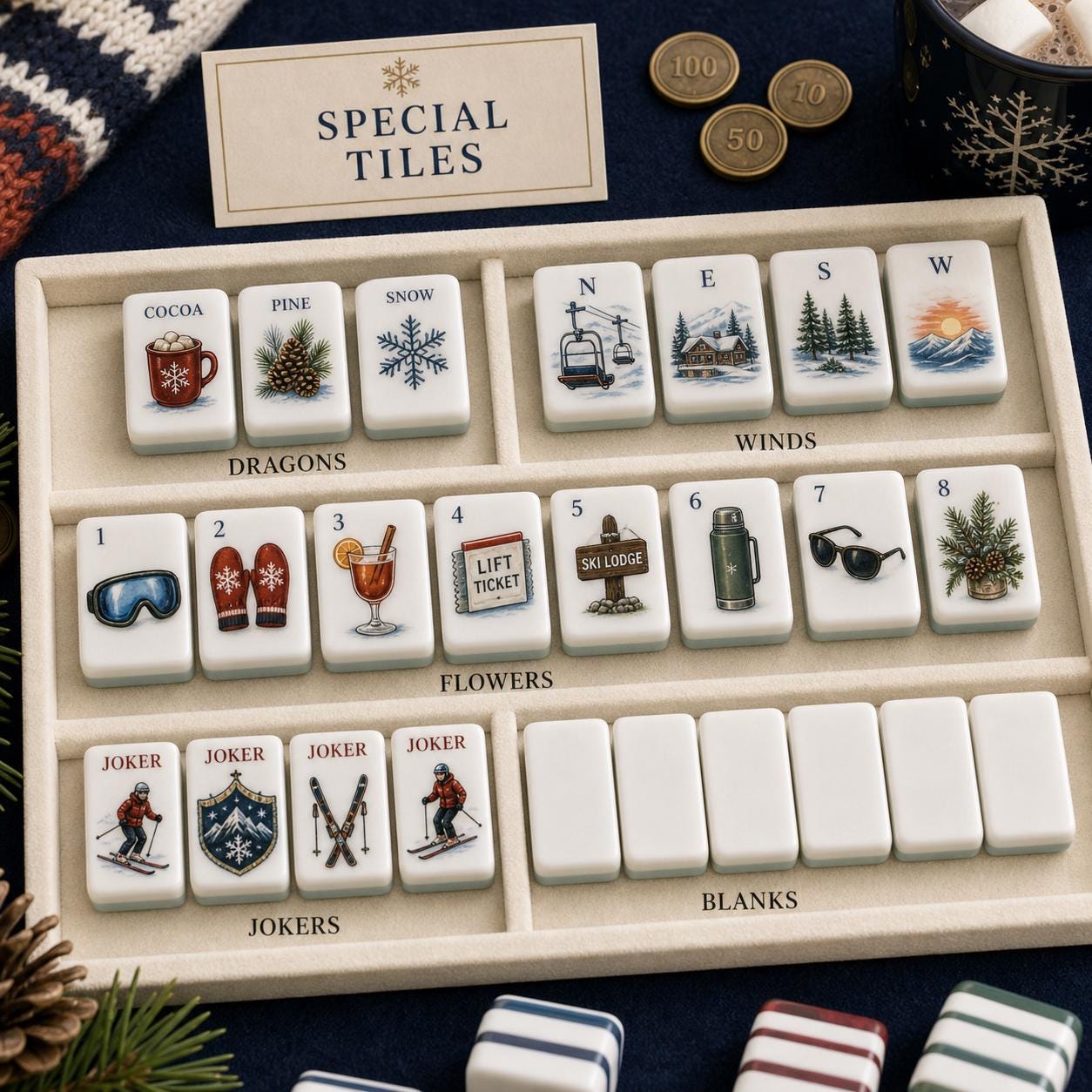 Winter Ski Resort American Mahjong Set, Cozy Alpine Themed Tiles, Mountain Cabin & Pine Trees, Holiday Gathering, Family