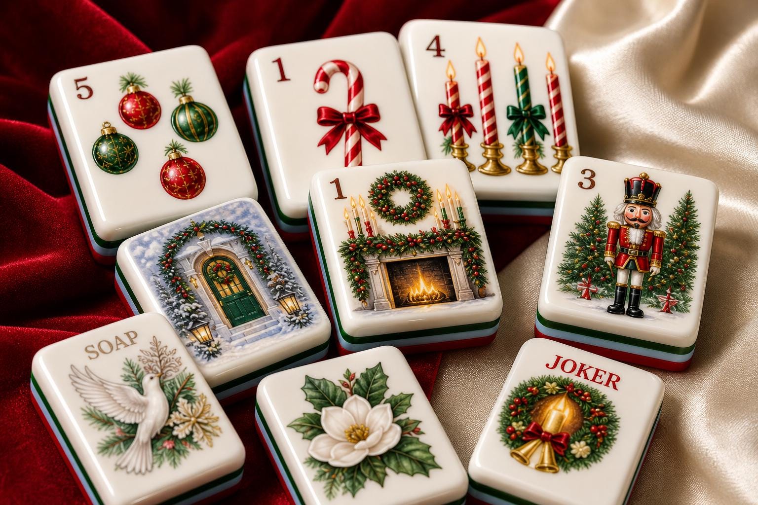Christmas Holiday American Mahjong Tiles Set,Red Back Travel Mahjong, Holiday Poinsettia Wreath Dove Design,Festive Game