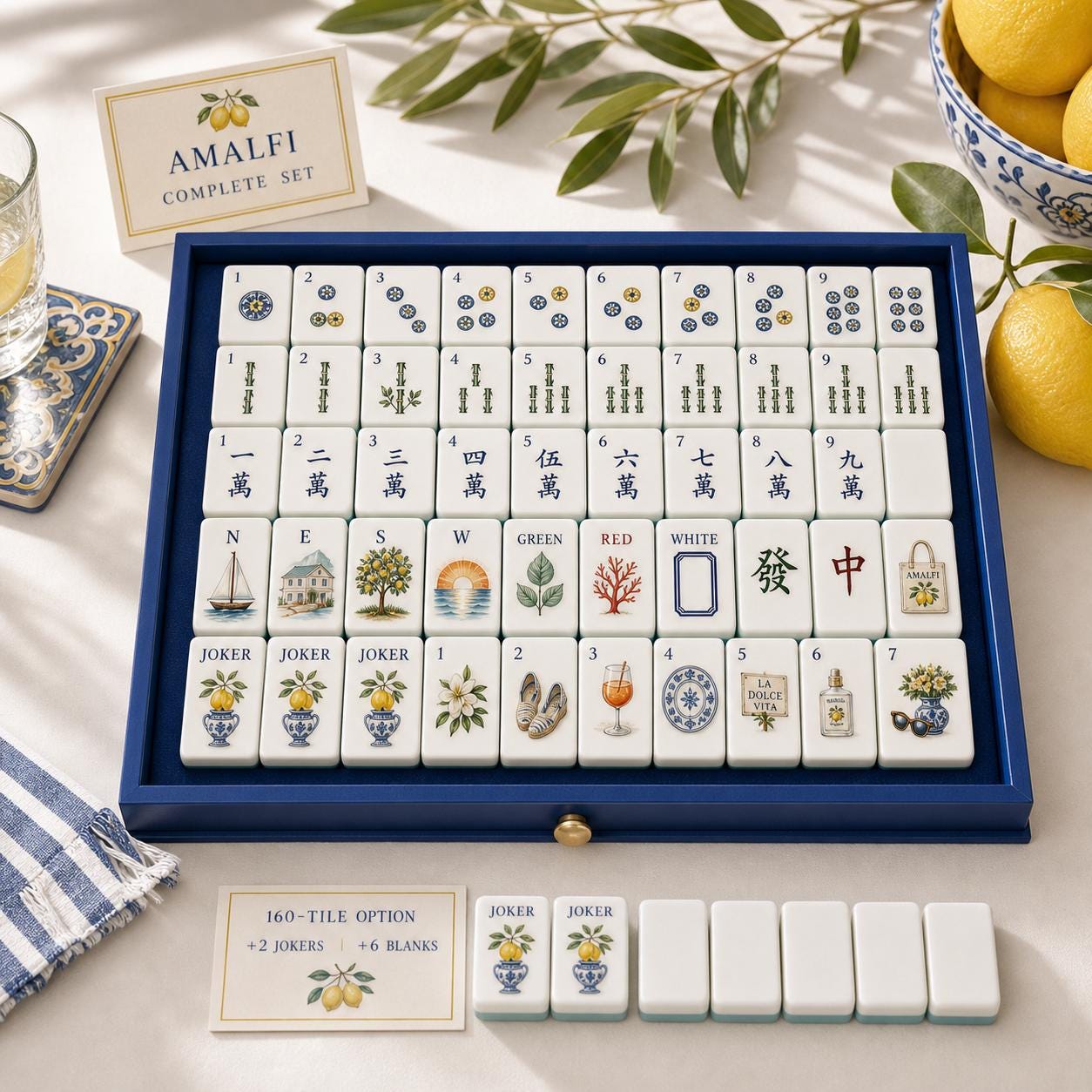 Amalfi Lemon Resort Mahjong Set, American Style Tiles with Lemon, Lemon & Olive Mahjong , Elegant Coastal , Limoncello C