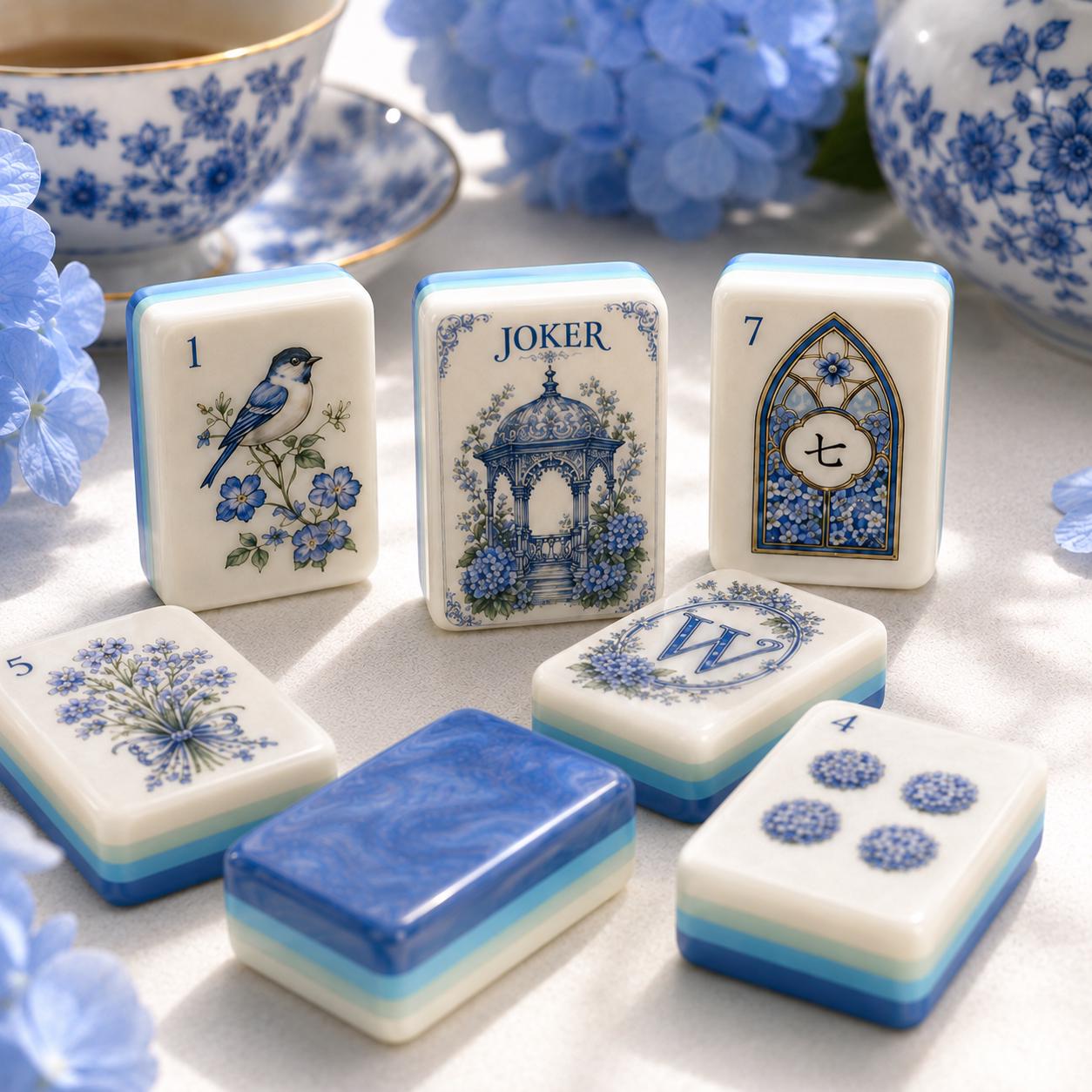 Hydrangea Acrylic American Mahjong Set, 160 Tile Blue & White Floral Mahjong Tiles,Porcelain Inspired Butterfly Design,U