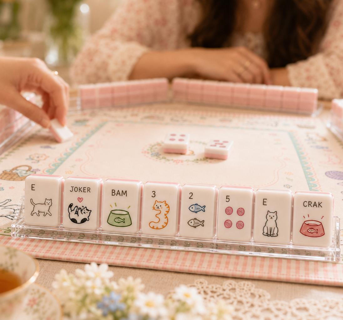 Spring Cats American Mahjong Set, 160 Glossy Acrylic Tiles, Soft Pink Layered Edges, Whimsical Cat Artwork, Cat Lover Gi