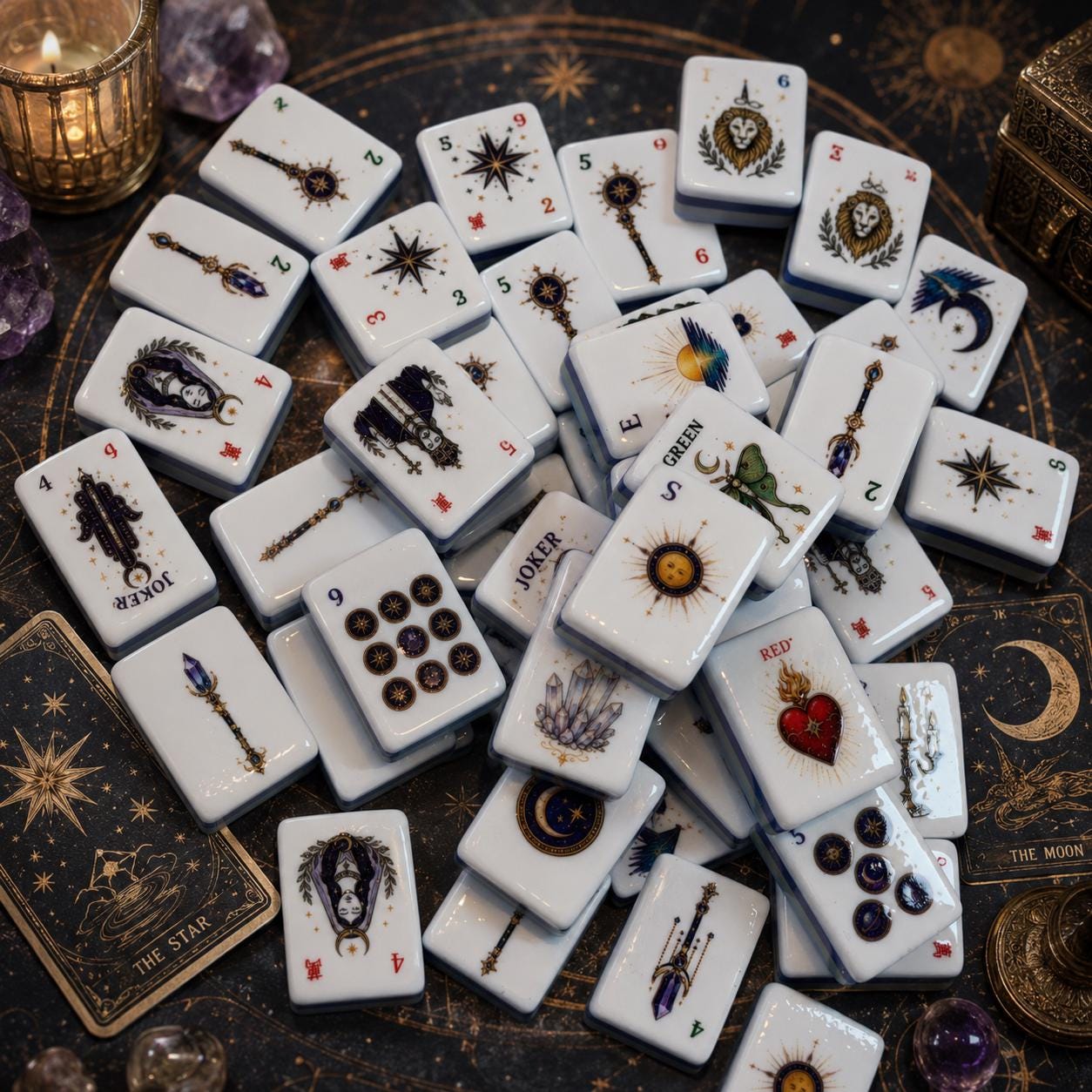 Mystic Celestial American Mahjong Set, Moon Crystal Astrology Mahjong Tiles, Fantasy Tarot Inspired Acrylic Game Set, Un