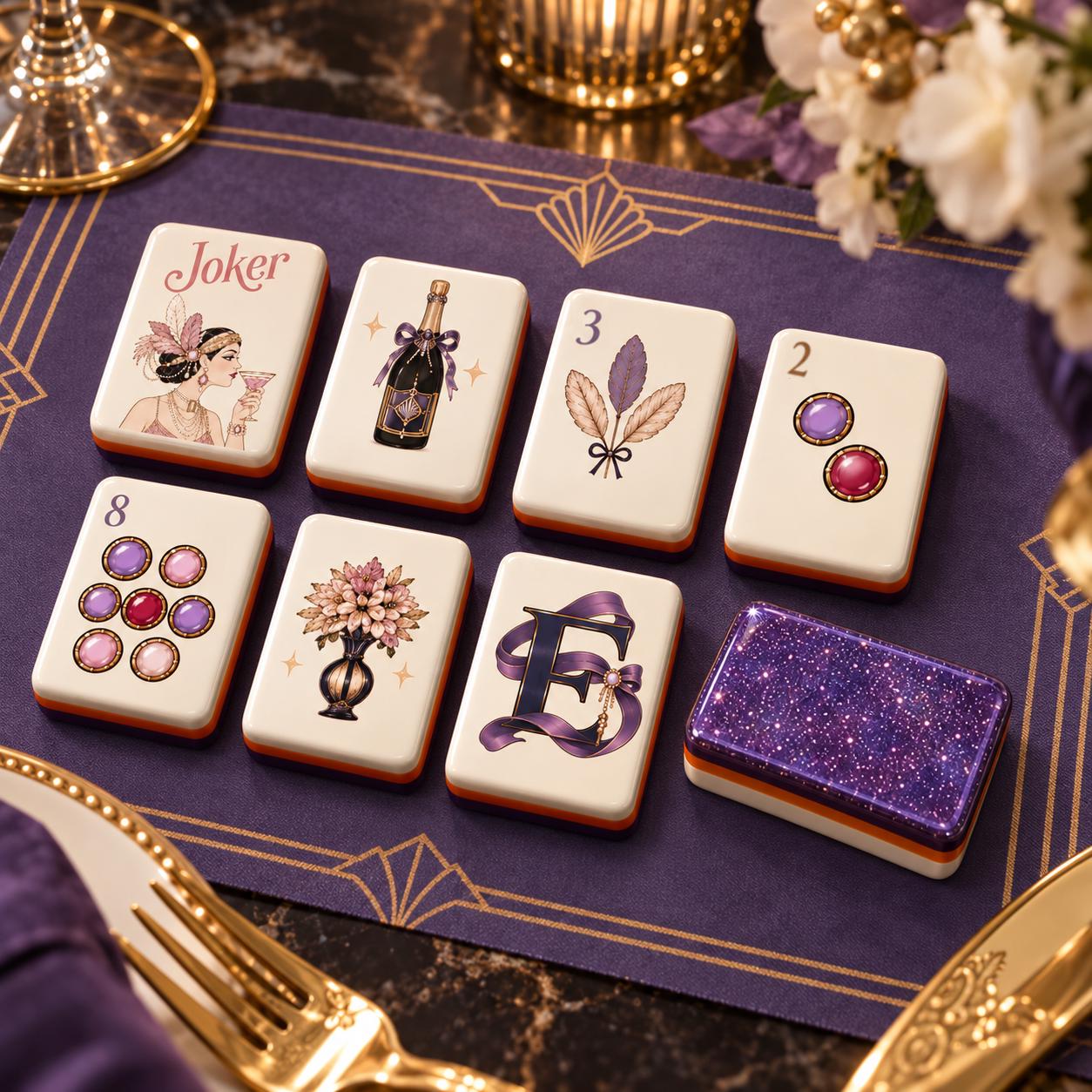 Cocktail Mahjong Set American Mahjong Tiles, Purple Luxury Design with Vintage Evening Party Style, Elegant Classic Game