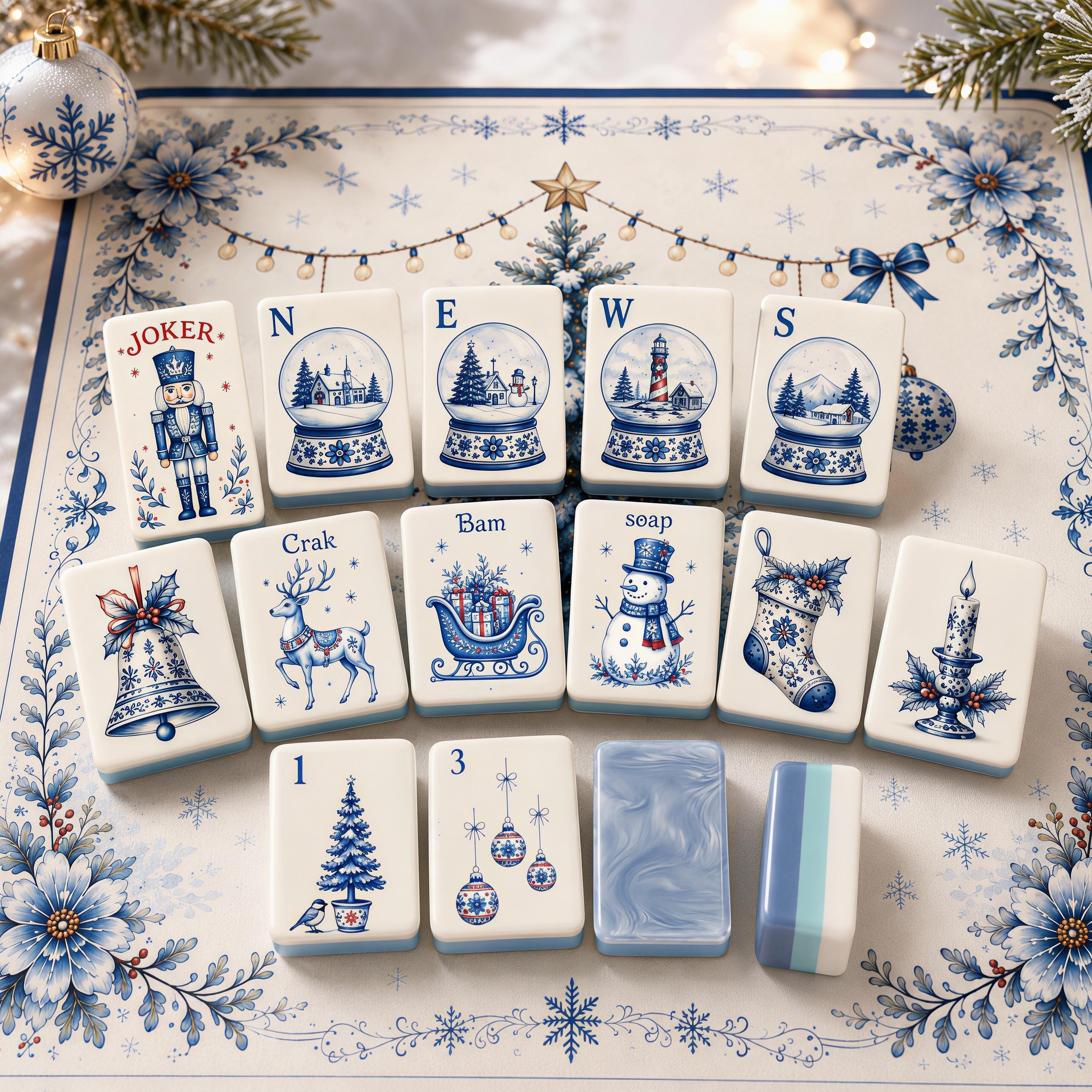 Blue White Christmas American Mahjong Set, Porcelain Style Acrylic 160 Tile Set, Winter Wonderland Mahjong Gift for Play