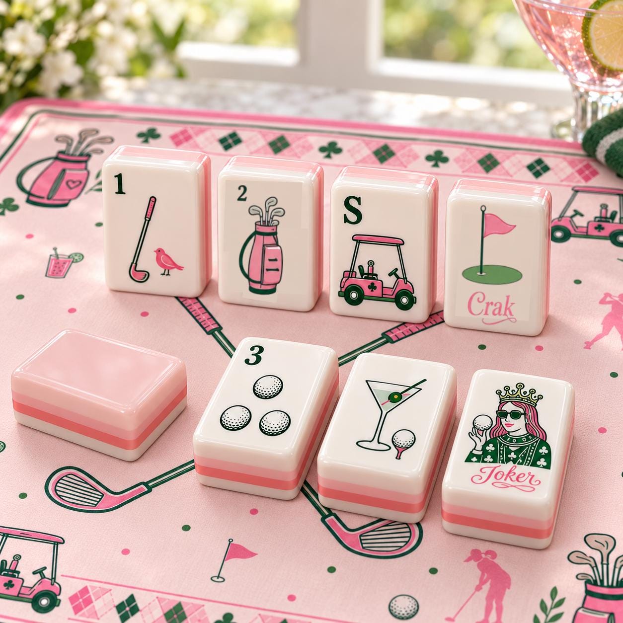 Pink Golf Mahjong Set, Luxury Country Club American Mahjong Tiles, Feminine Golf Theme Game Set with Preppy Sports Inspi