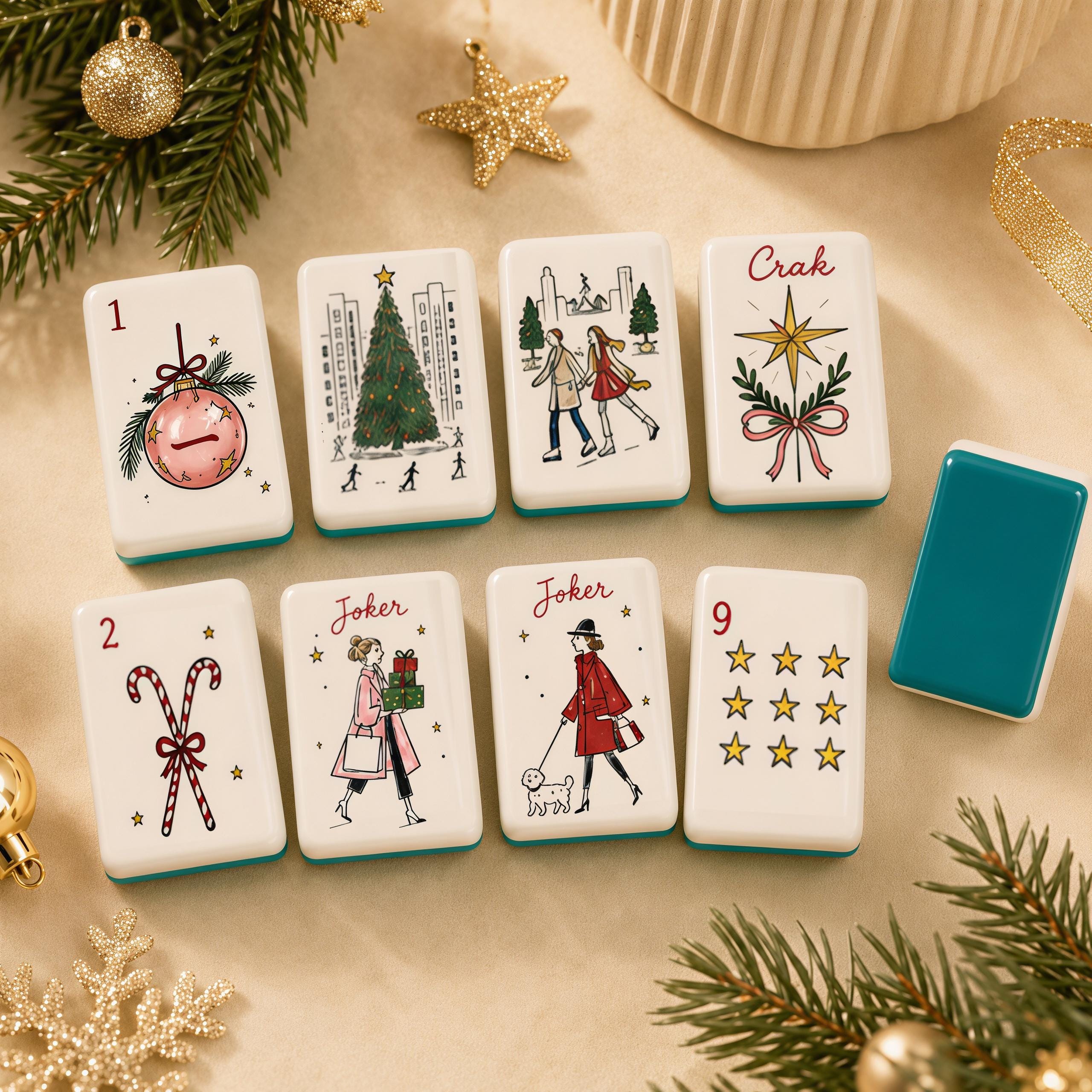 Christmas American Mahjong Set, Vintage Holiday Acrylic 160 Tile Set, European Winter Illustration Mahjong Gift for Play