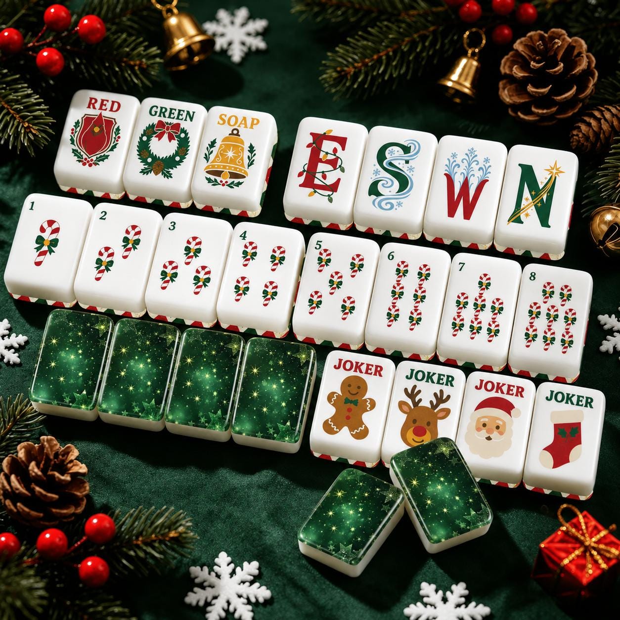 Christmas Mahjong Tiles Set, Green Glitter American Mahjong Tiles, Santa Reindeer Gingerbread Joker Tiles, Festive Holid