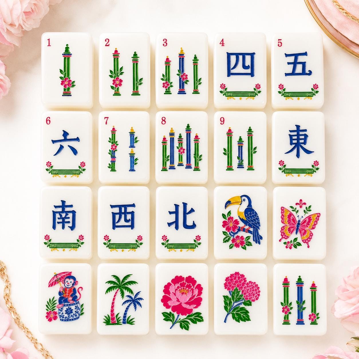 Humming Bird Mahjong Tiles, Blue Marble American Mahjong Set, Pink Parasol Floral Acrylic Tiles, Grandmillennial Mahjong