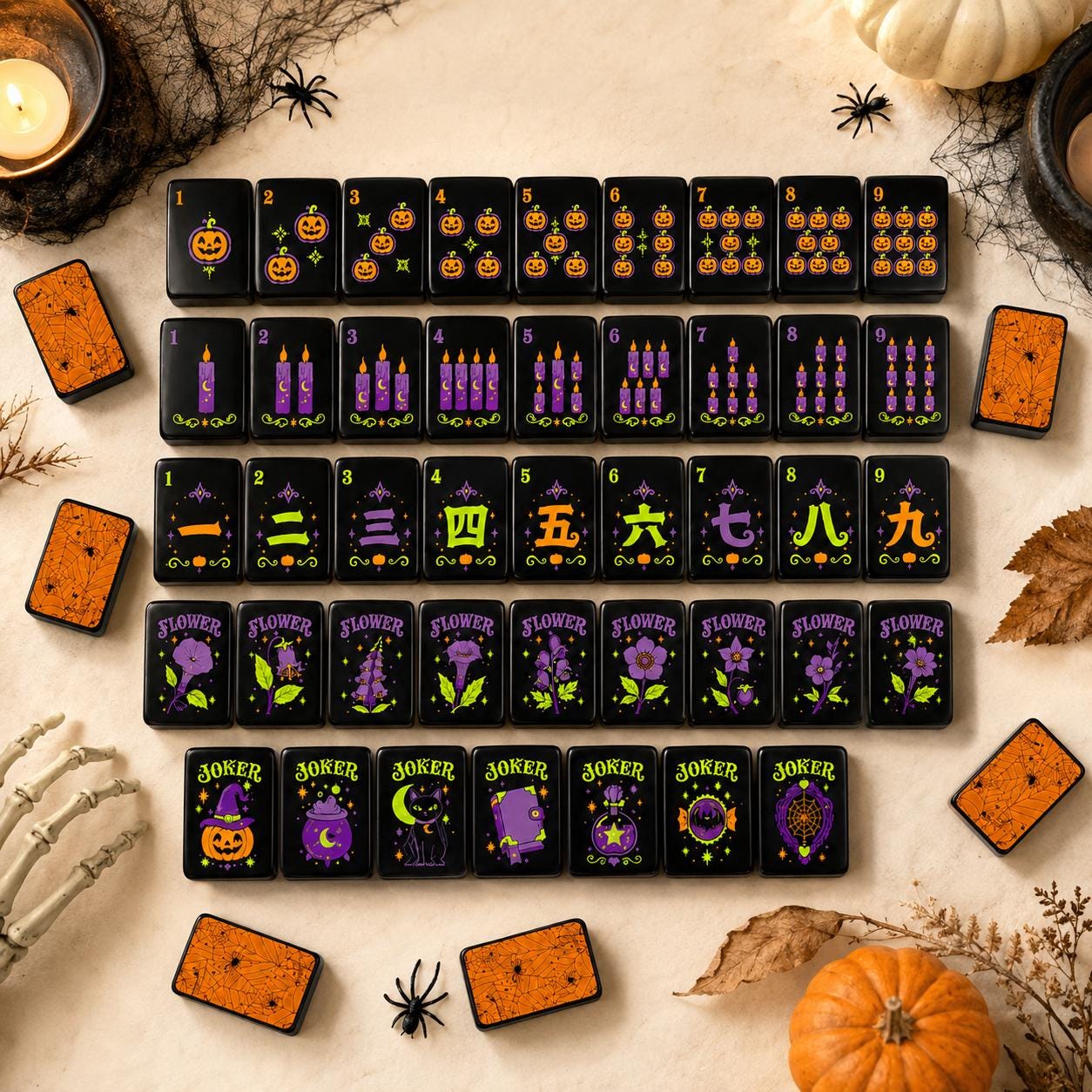 Halloween Mahjong Tiles Set, Spooky Acrylic Mahjong Tiles, Black Halloween American Mahjong Set, Witchy Pumpkin Mahjong