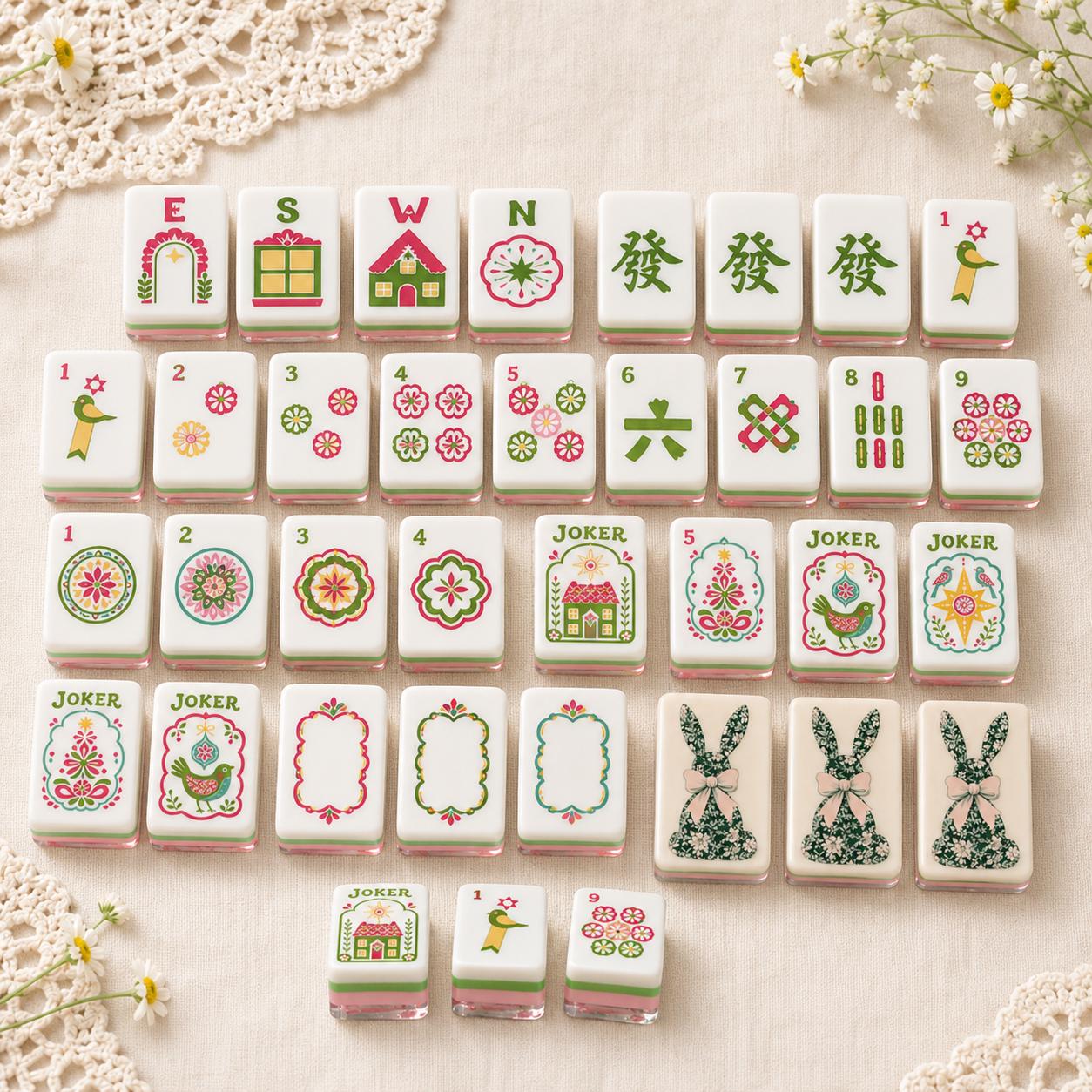 Floral Bunny Mahjong Tiles, Pink Green Rabbit Mahjong Set, Coquette Spring Mahjong Tiles, Cottagecore Mahjong Gift for H