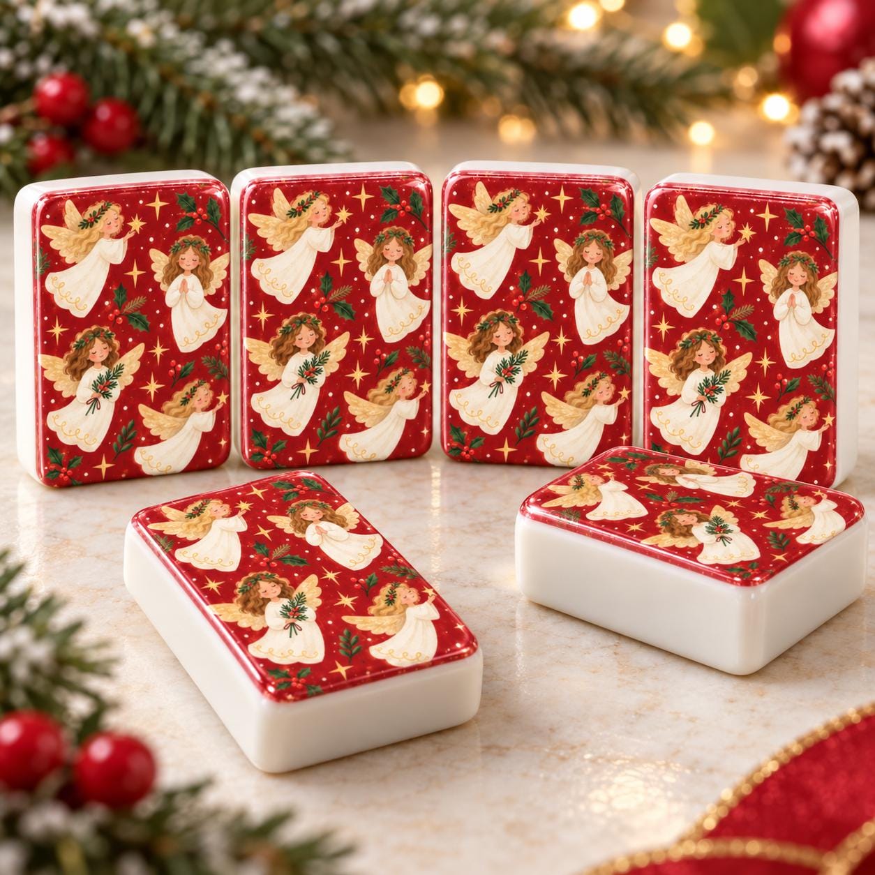 Christmas Angel Mahjong Tiles, 1.4" Cardinal Joker Mahjong Set, Red Holiday Mah Jongg Tiles, Vintage Christmas Mahjong G